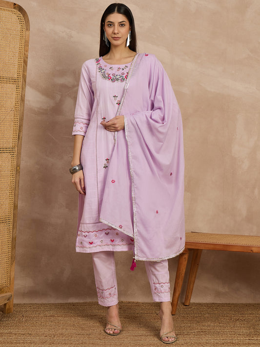 Lilac Embroidered Cotton Suit Set for Women