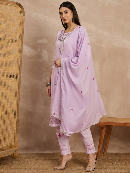 Lilac Embroidered Cotton Suit Set for Women