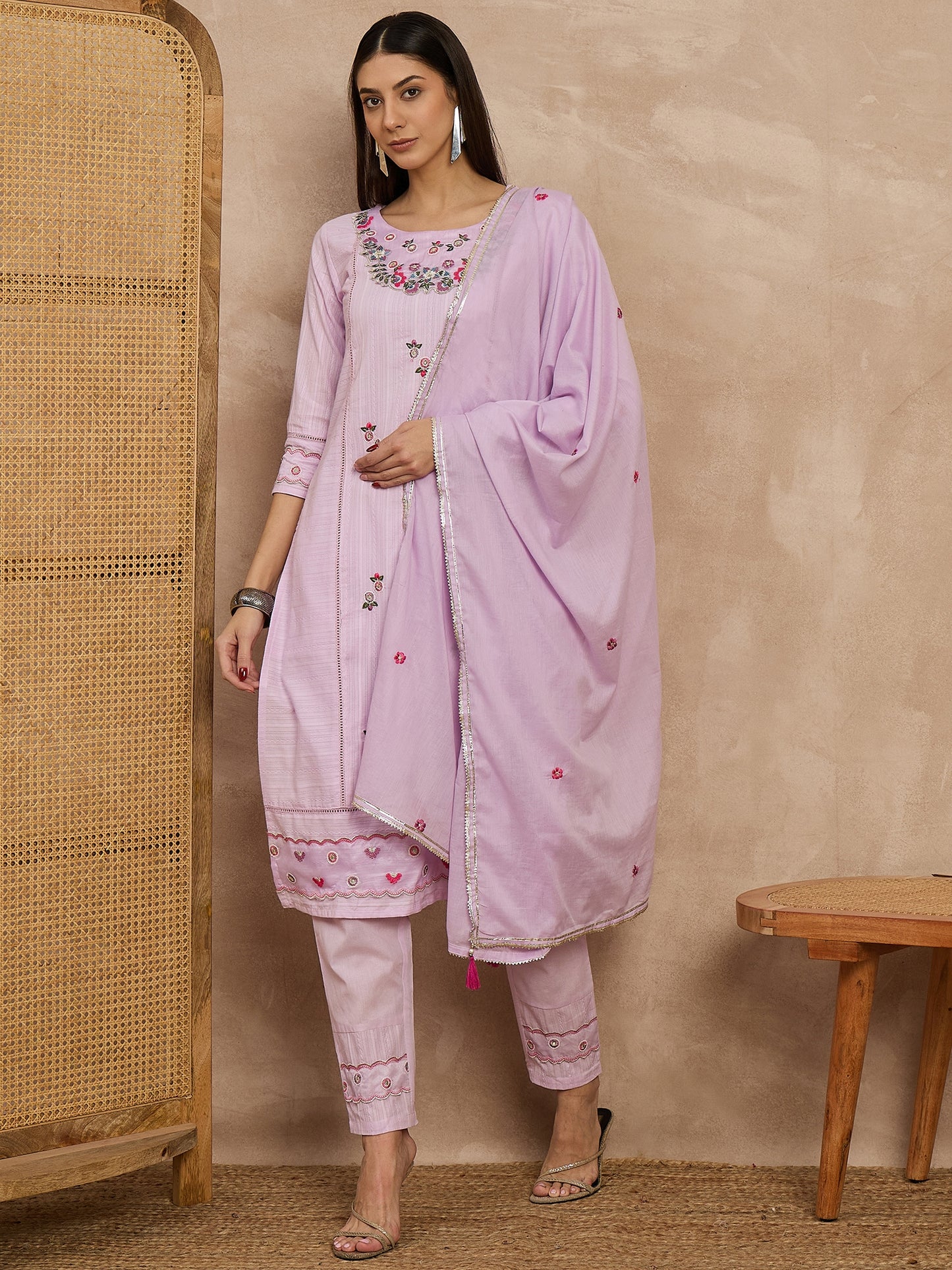 Lilac Embroidered Cotton Suit Set for Women