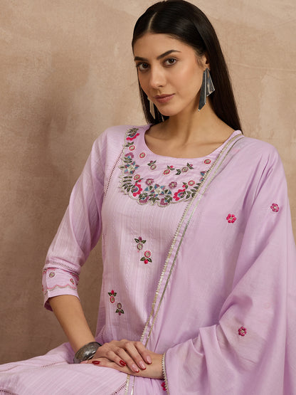 Lilac Embroidered Cotton Suit Set for Women