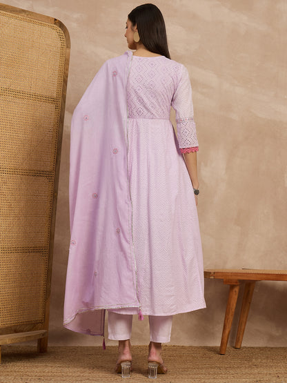 Elegant Lavender Embroidered Cotton Kurta Set