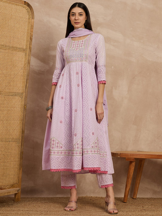 Elegant Lavender Embroidered Cotton Kurta Set