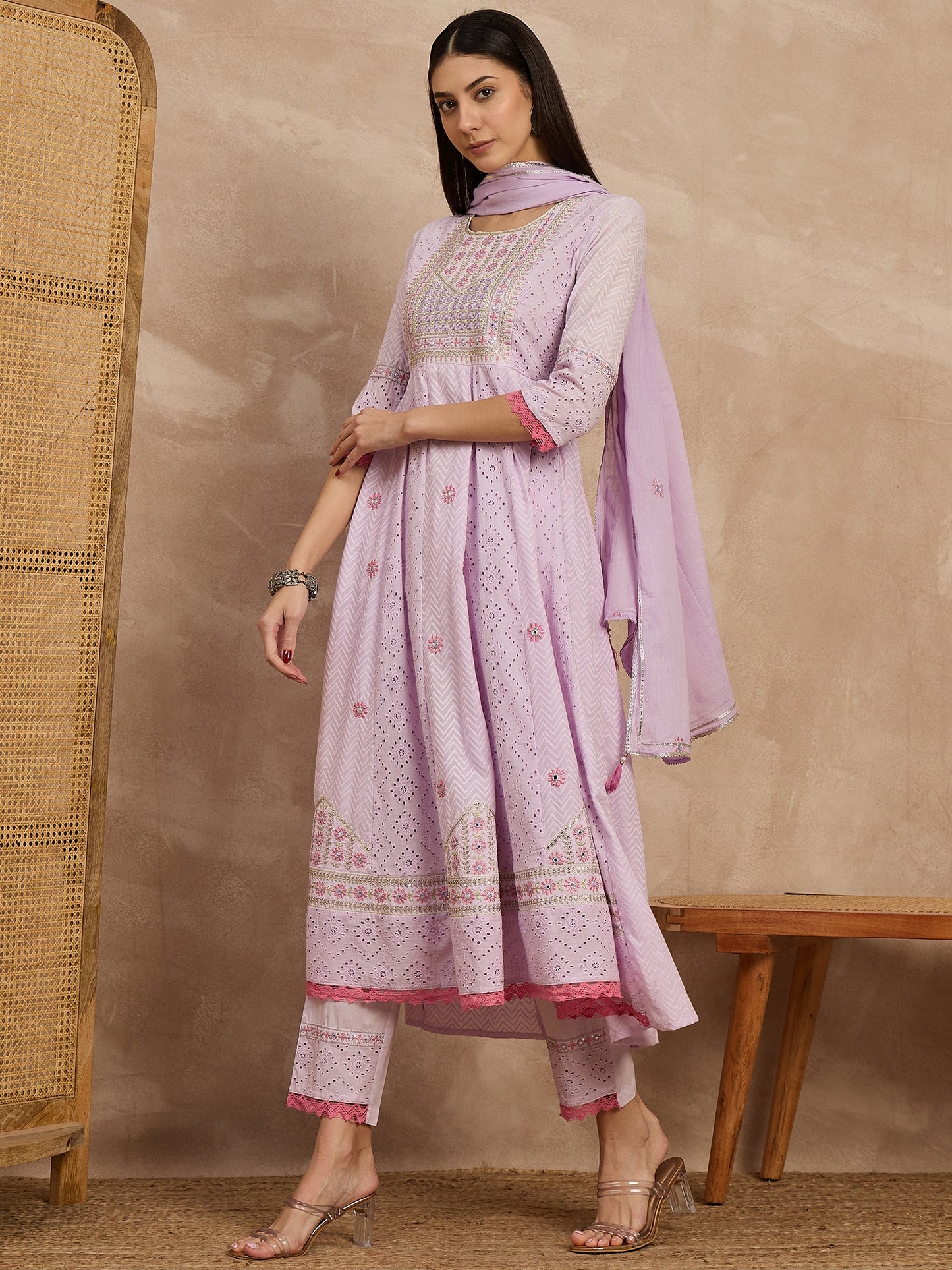 Elegant Lavender Embroidered Cotton Kurta Set
