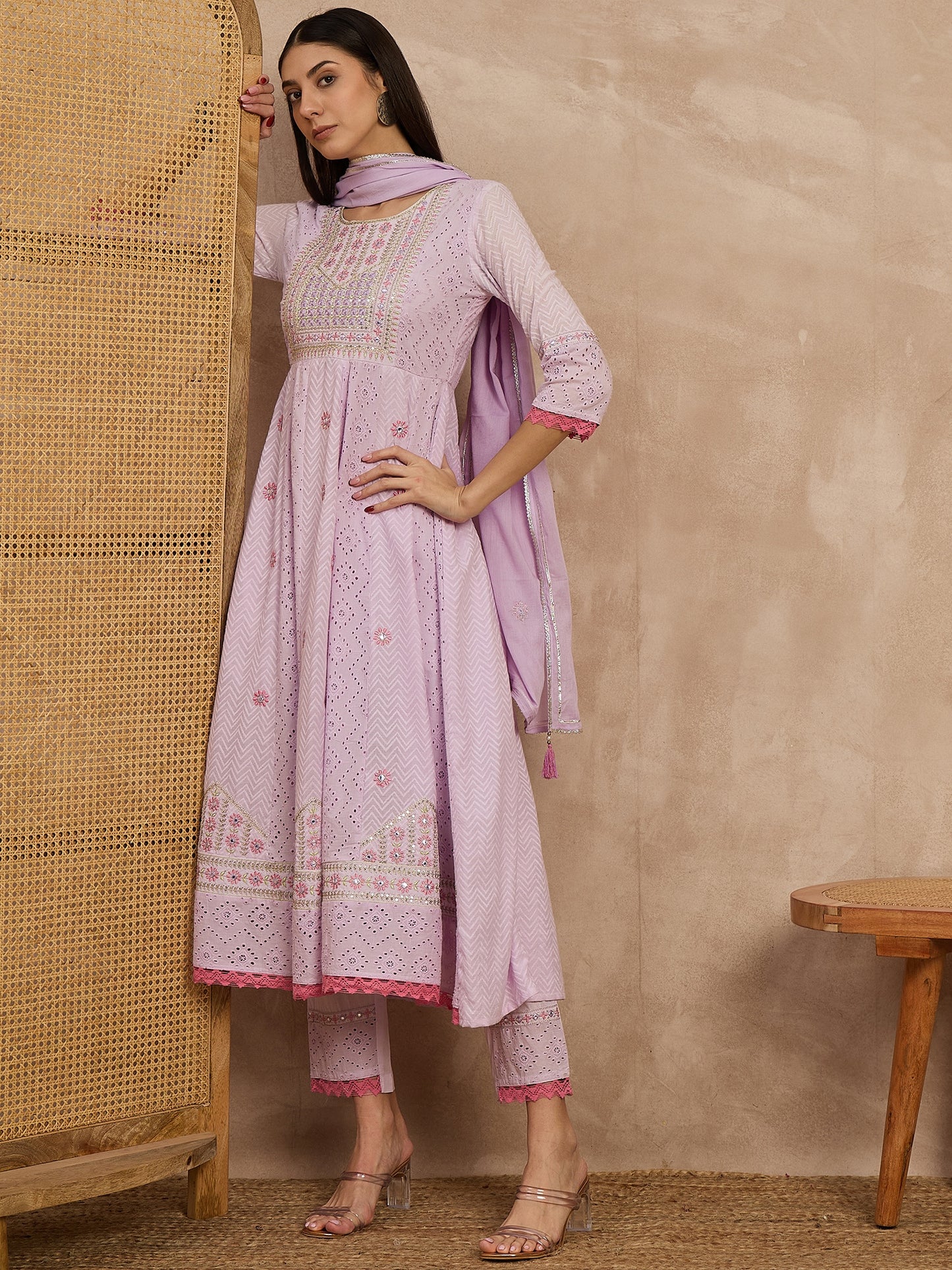 Elegant Lavender Embroidered Cotton Kurta Set