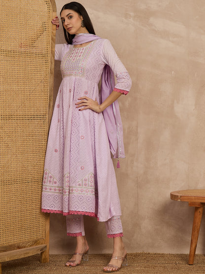 Elegant Lavender Embroidered Cotton Kurta Set