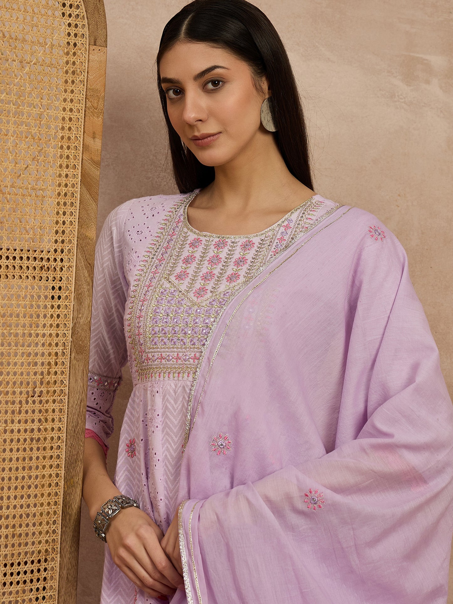 Elegant Lavender Embroidered Cotton Kurta Set
