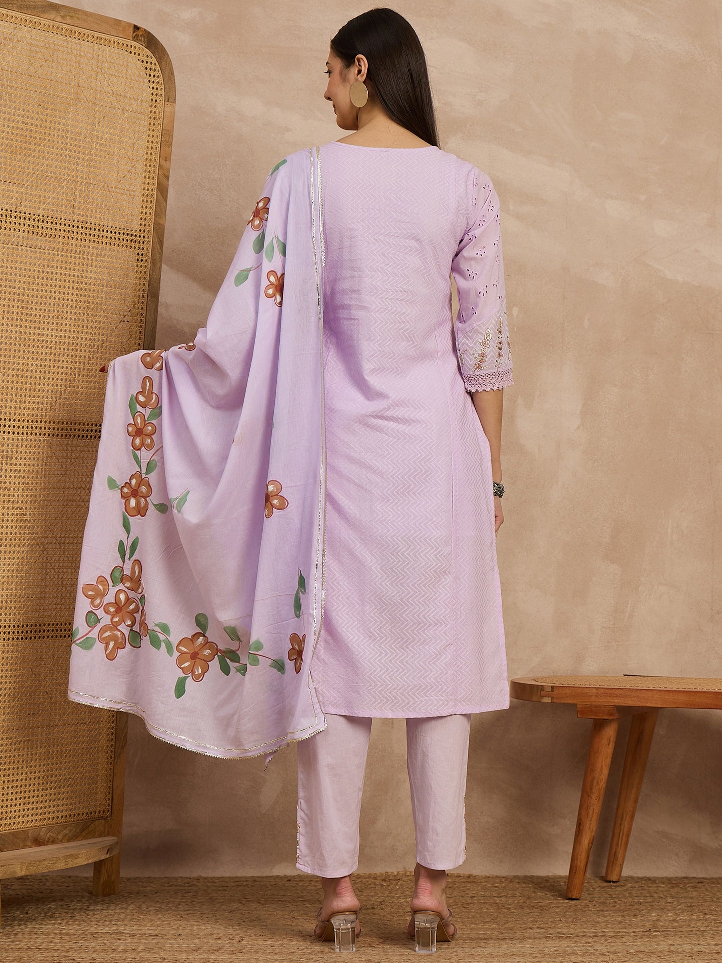 Purple Embroidered Cotton Suit Set for Women