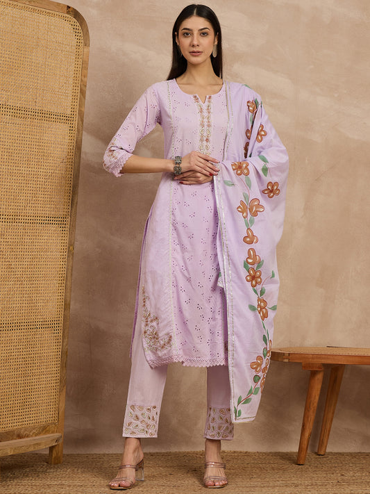 Purple Embroidered Cotton Suit Set for Women