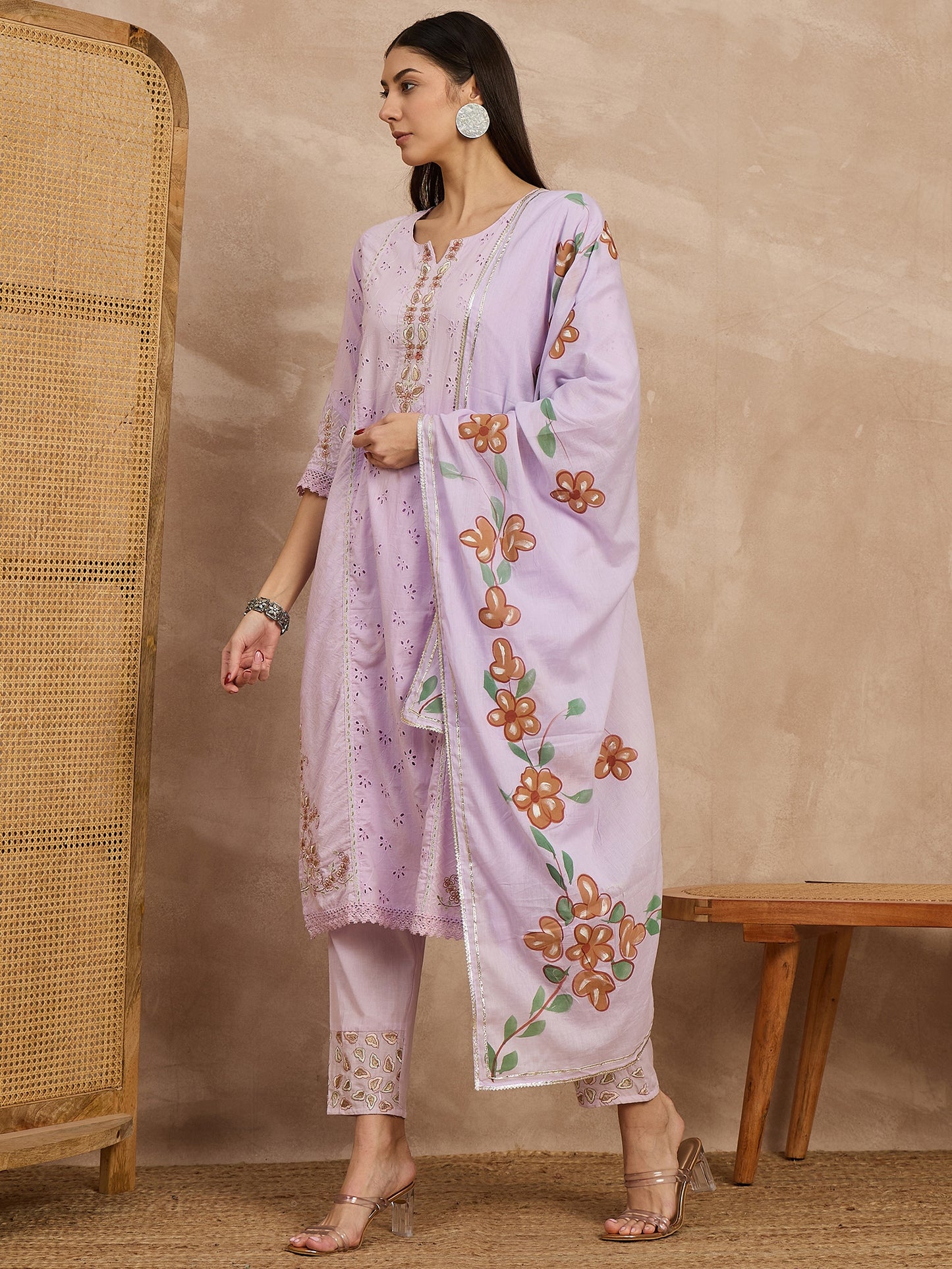 Purple Embroidered Cotton Suit Set for Women
