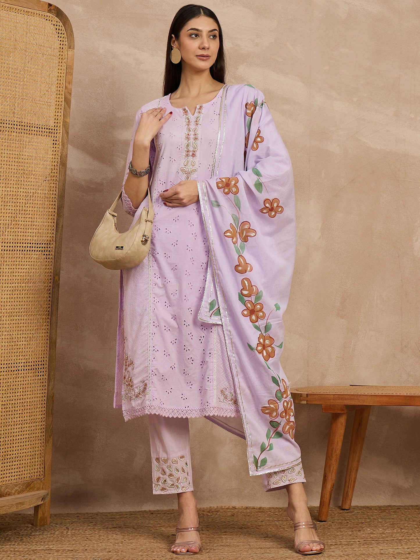 Purple Embroidered Cotton Suit Set for Women