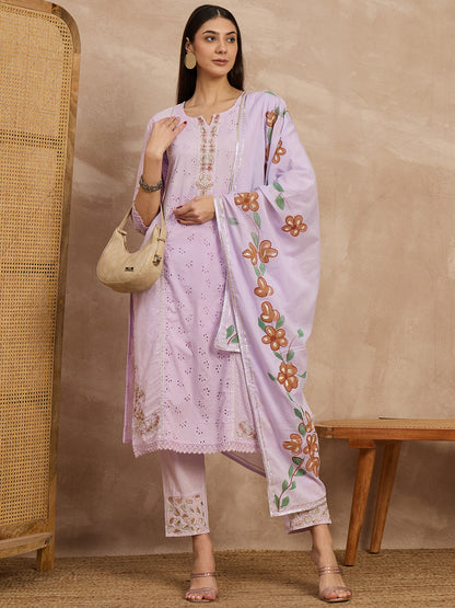 Purple Embroidered Cotton Suit Set for Women