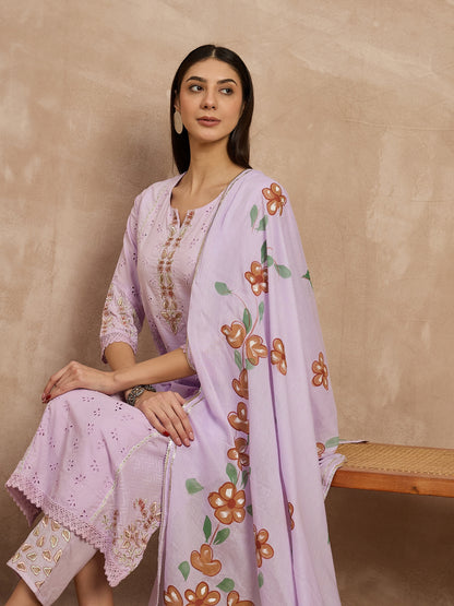 Purple Embroidered Cotton Suit Set for Women