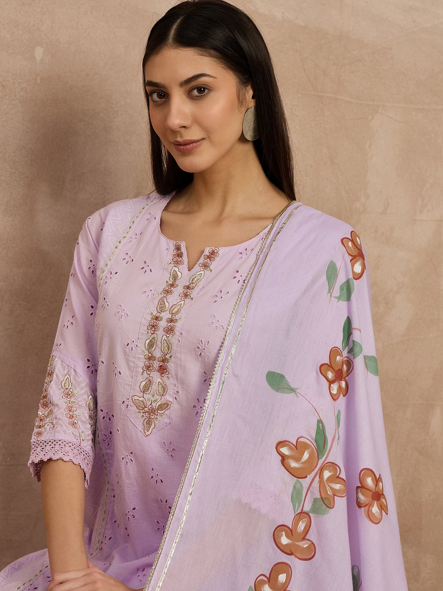 Purple Embroidered Cotton Suit Set for Women