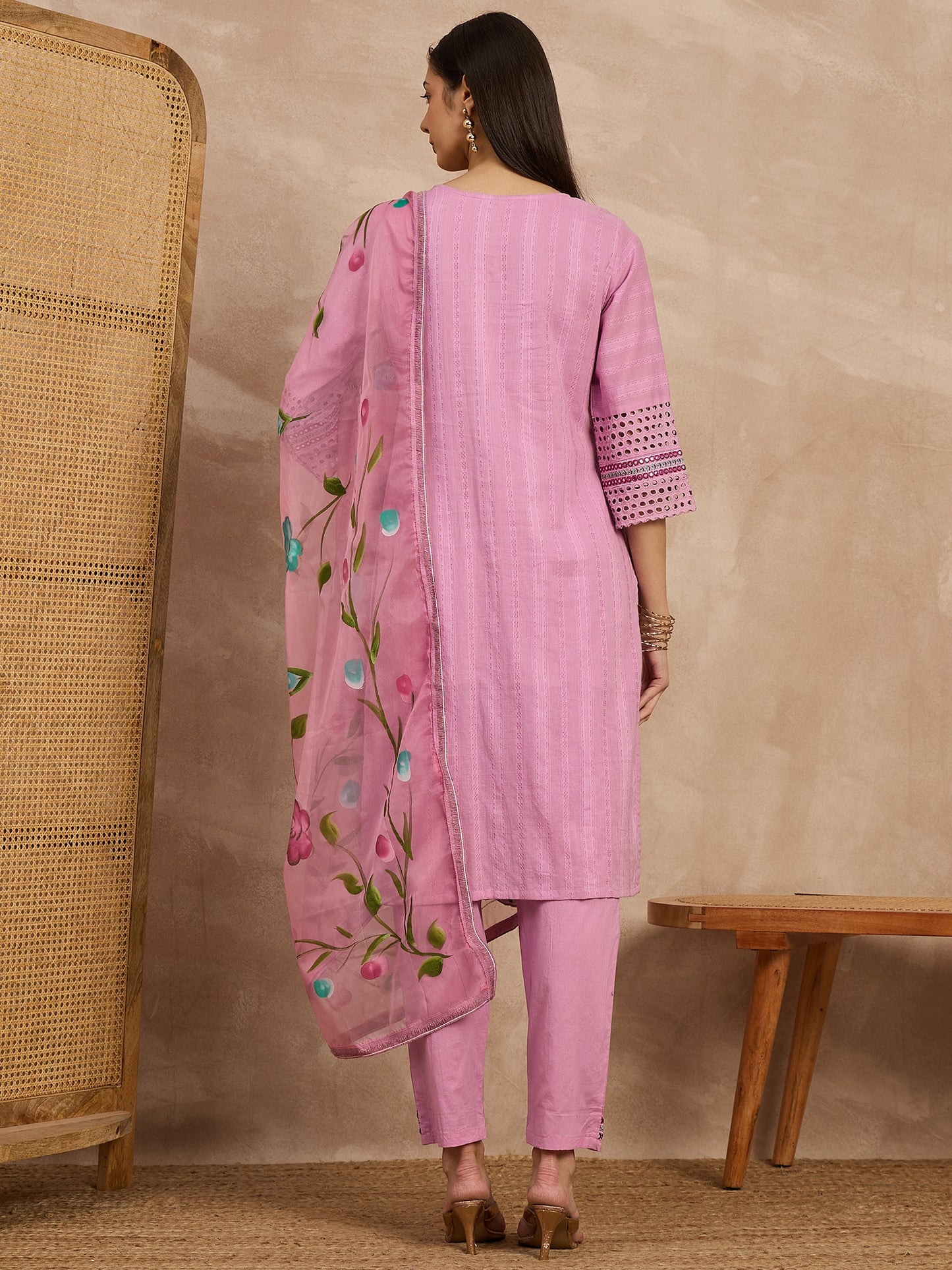 Pink Embroidered Cotton Kurta Set with Floral Dupatta