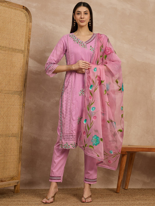 Pink Embroidered Cotton Kurta Set with Floral Dupatta