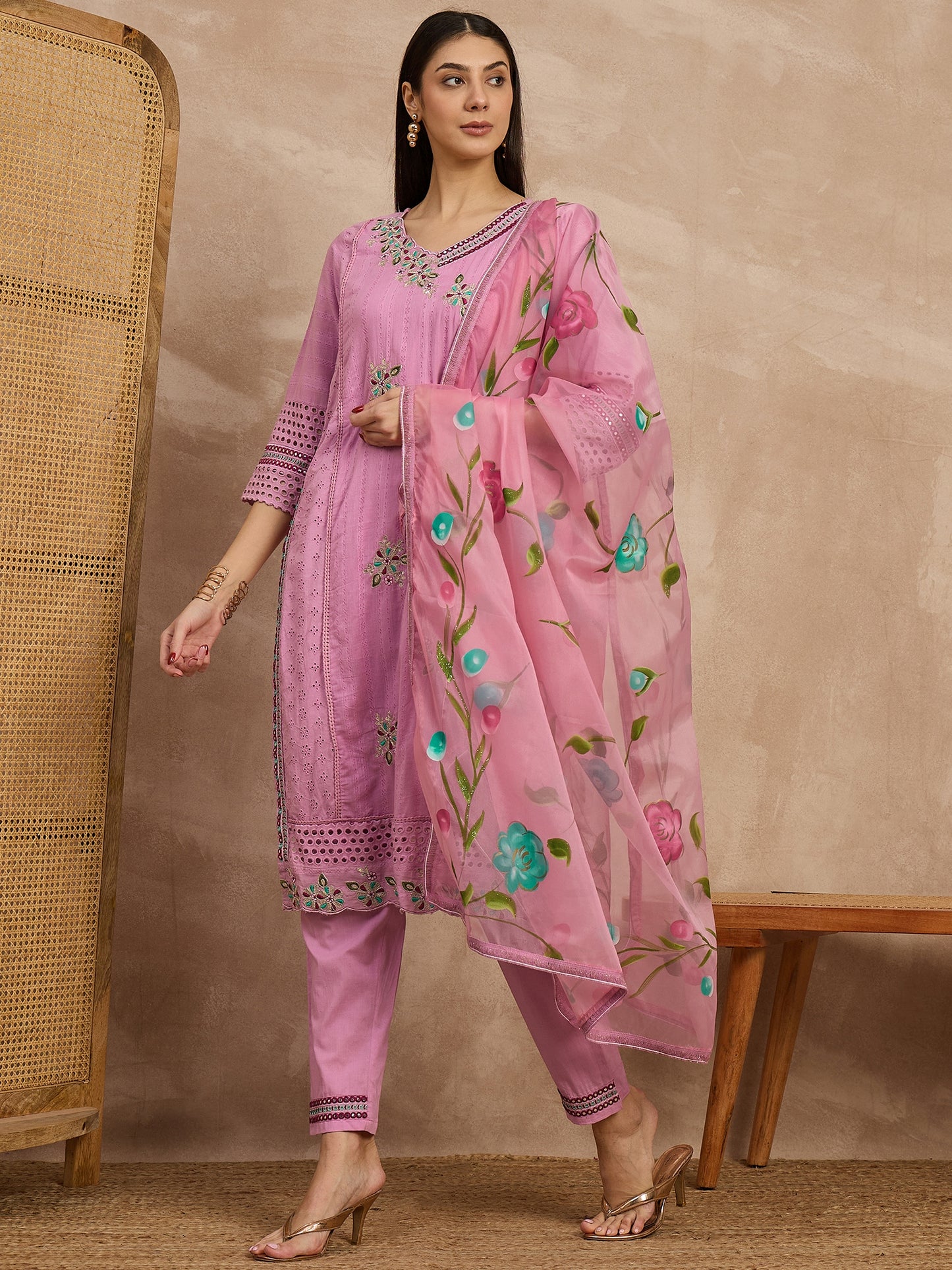 Pink Embroidered Cotton Kurta Set with Floral Dupatta