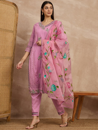 Pink Embroidered Cotton Kurta Set with Floral Dupatta