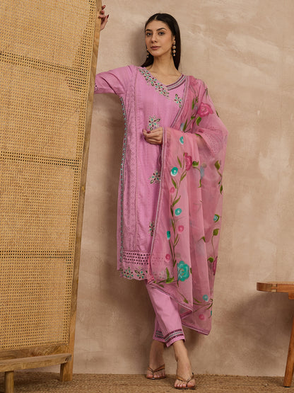 Pink Embroidered Cotton Kurta Set with Floral Dupatta