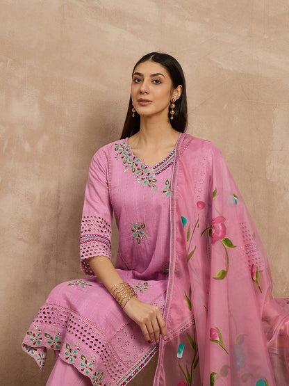 Pink Embroidered Cotton Kurta Set with Floral Dupatta
