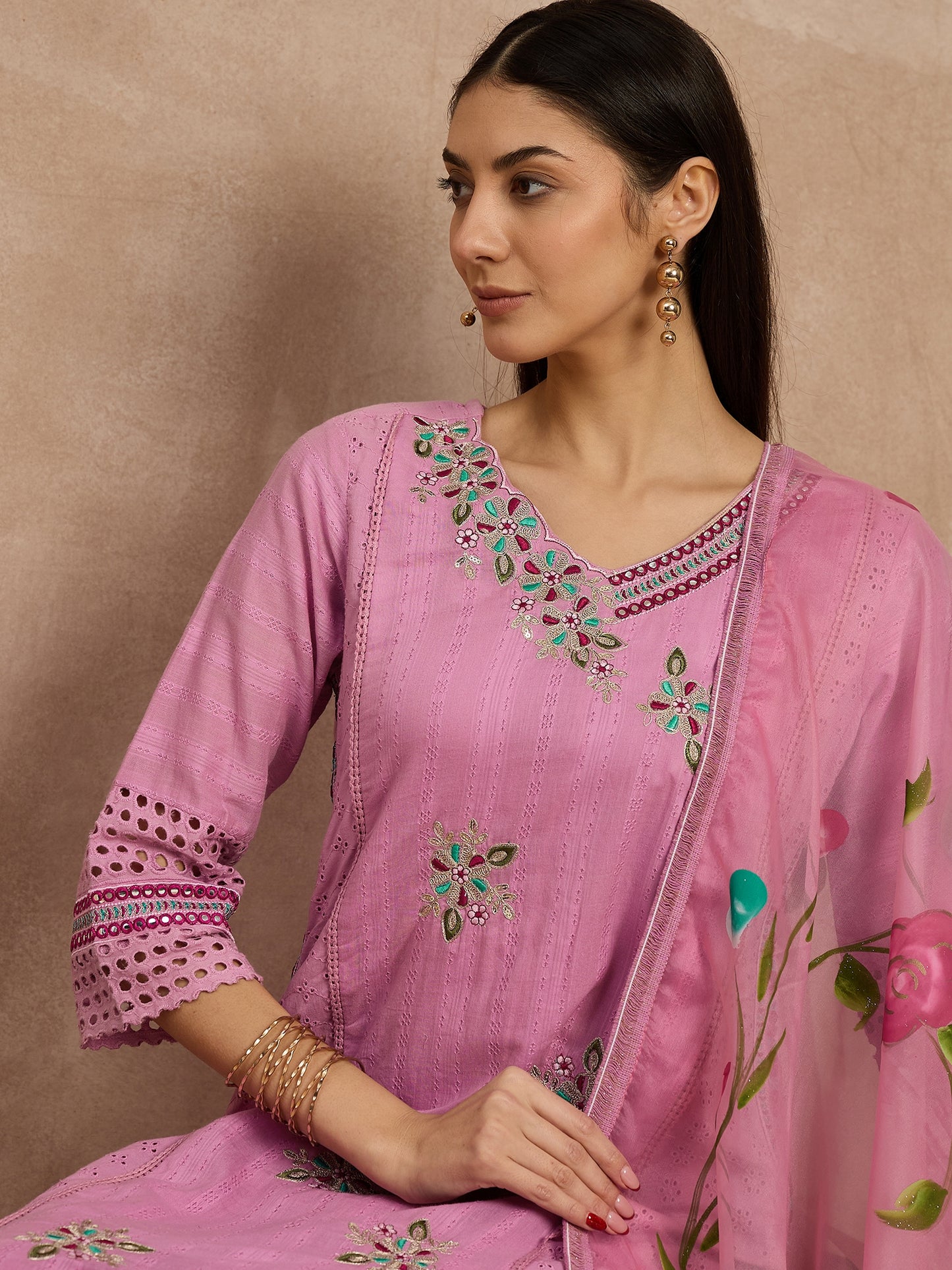 Pink Embroidered Cotton Kurta Set with Floral Dupatta