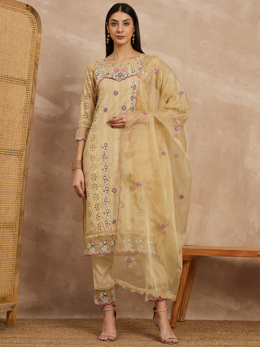 Beige Embroidered Kurta Set with Dupatta