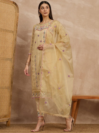 Beige Embroidered Kurta Set with Dupatta
