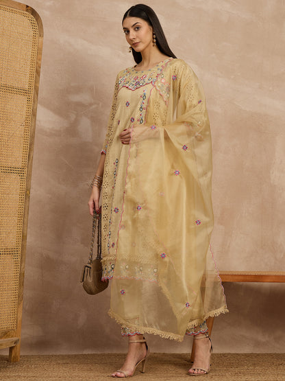 Beige Embroidered Kurta Set with Dupatta
