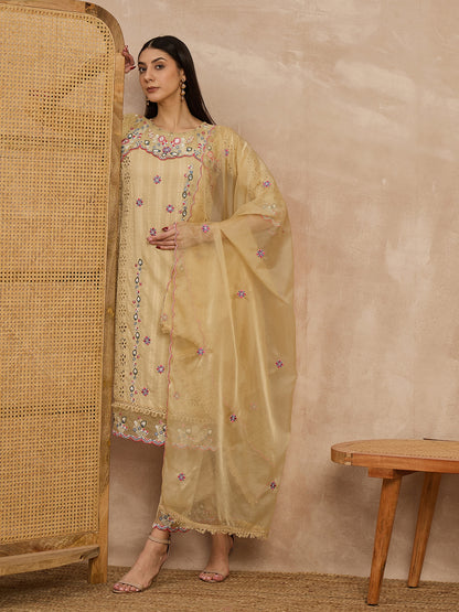 Beige Embroidered Kurta Set with Dupatta