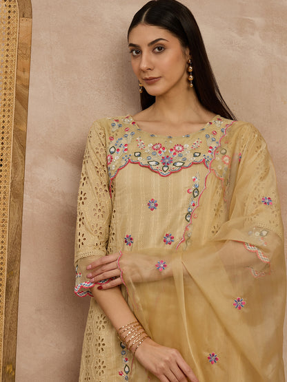 Beige Embroidered Kurta Set with Dupatta