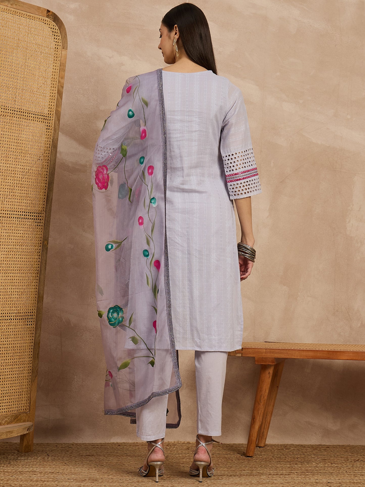 Lavender Embroidered Kurta Set with Floral Dupatta