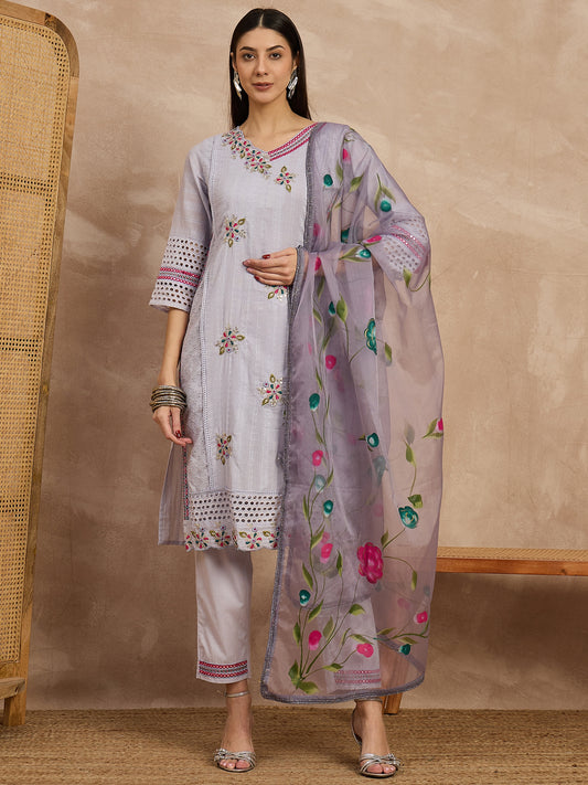 Lavender Embroidered Kurta Set with Floral Dupatta