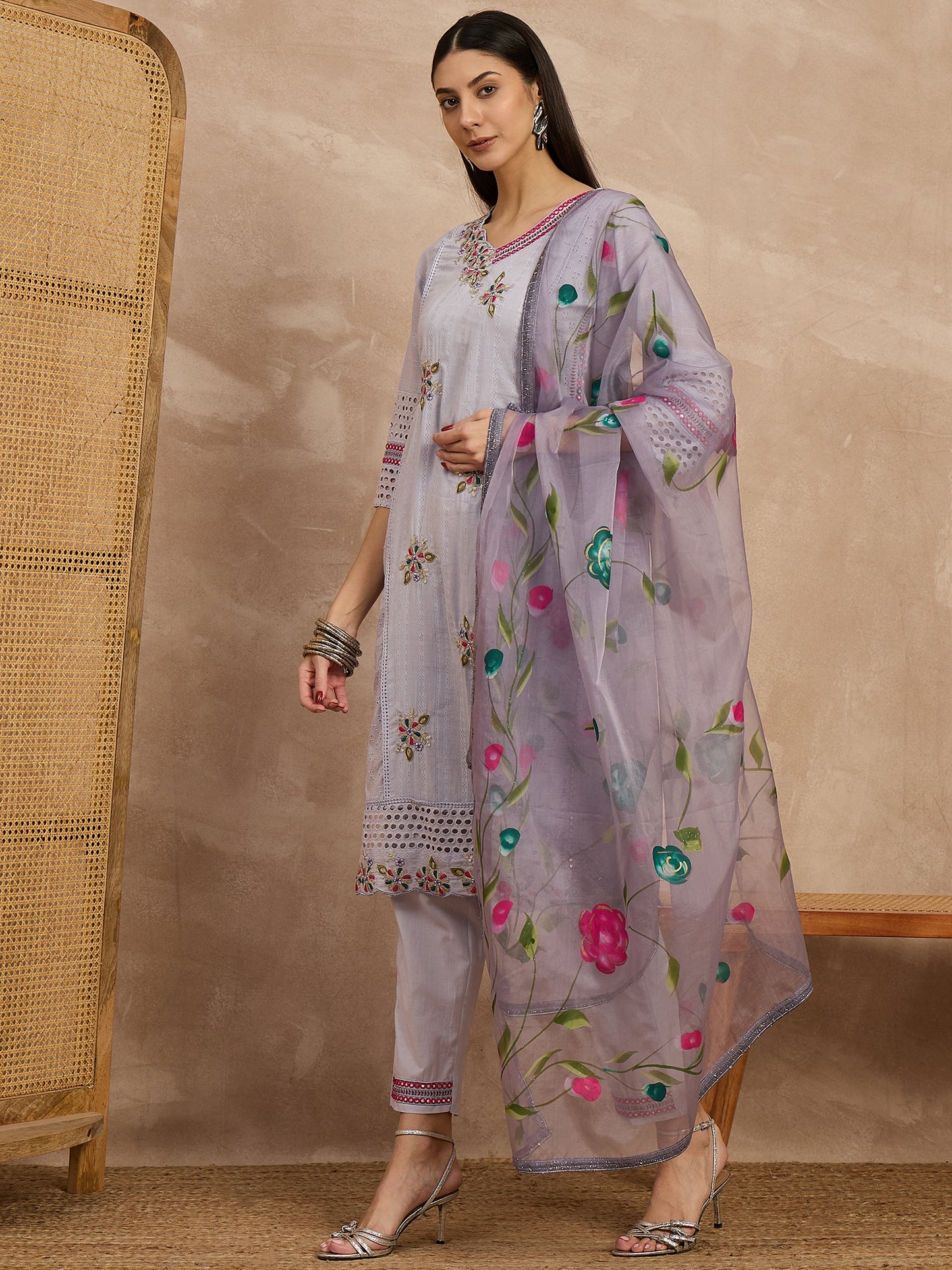 Lavender Embroidered Kurta Set with Floral Dupatta