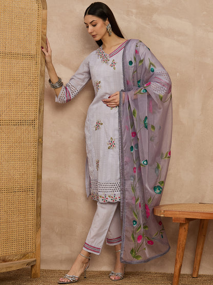 Lavender Embroidered Kurta Set with Floral Dupatta