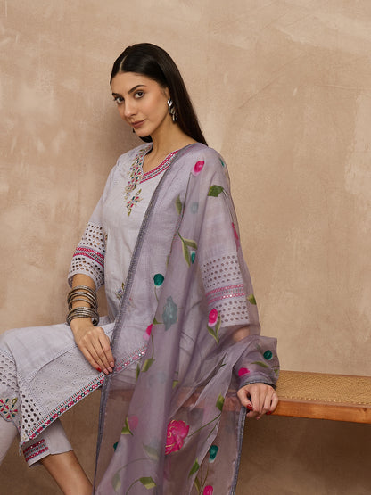 Lavender Embroidered Kurta Set with Floral Dupatta