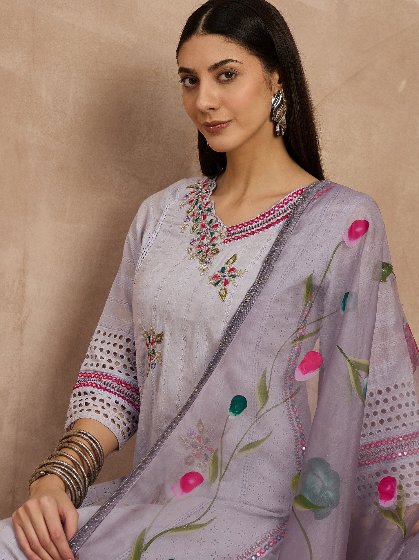 Lavender Embroidered Kurta Set with Floral Dupatta