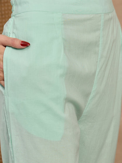 Mint Green Embroidered Cotton Kurta Set with Dupatta