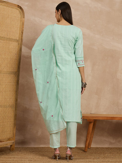 Mint Green Embroidered Cotton Kurta Set with Dupatta