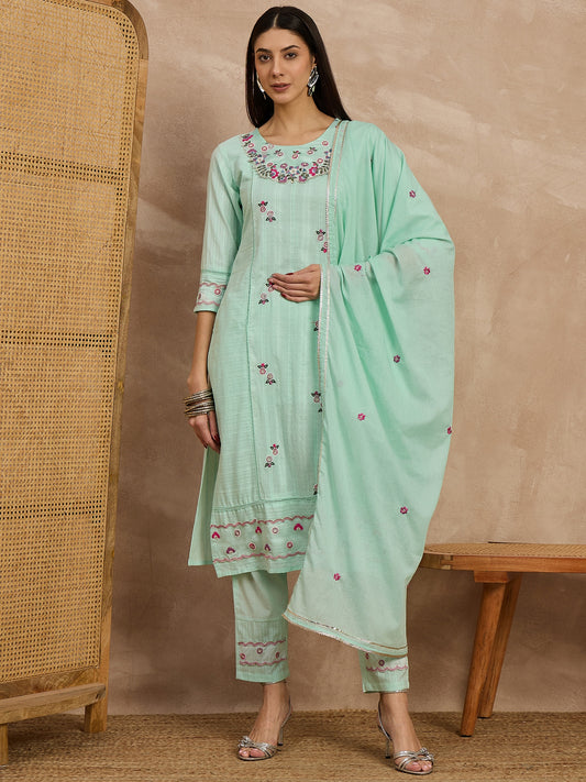 Mint Green Embroidered Cotton Kurta Set with Dupatta