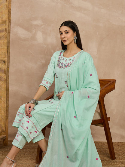 Mint Green Embroidered Cotton Kurta Set with Dupatta