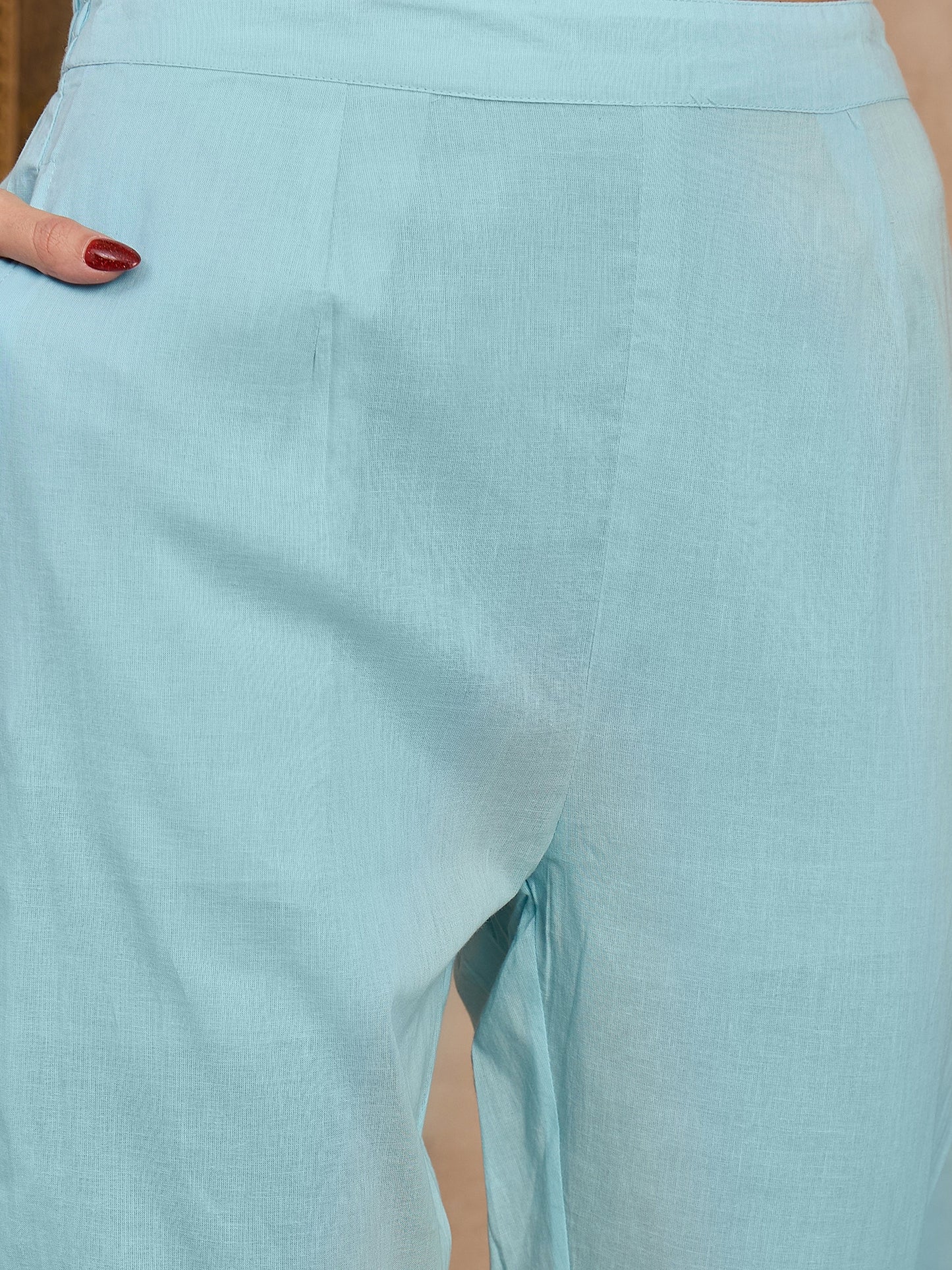 Sky Blue Embroidered Cotton Suit Set with Floral Dupatta