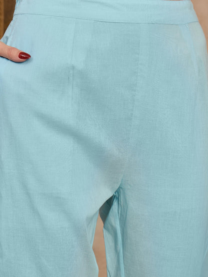 Sky Blue Embroidered Cotton Suit Set with Floral Dupatta