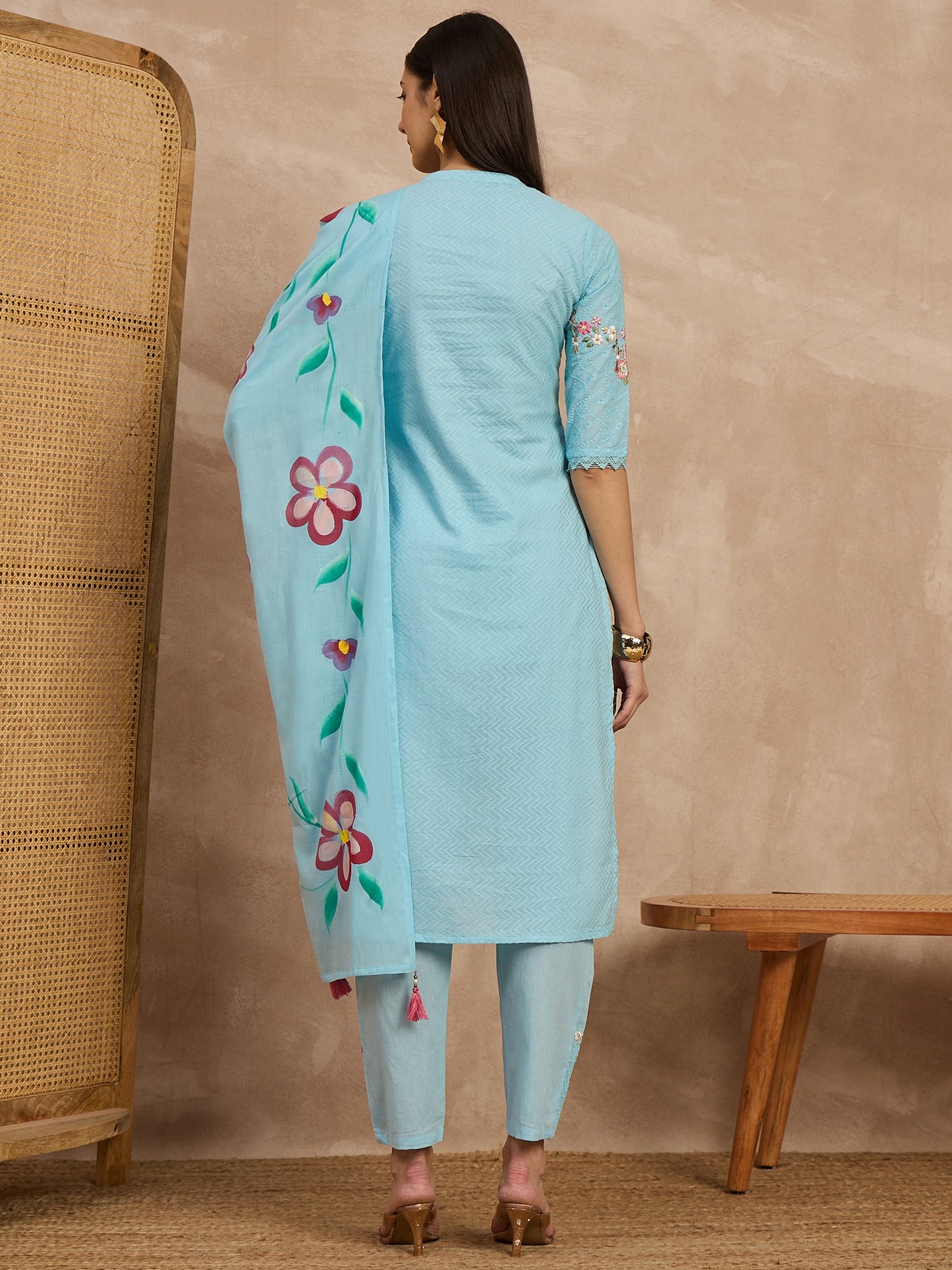 Sky Blue Embroidered Cotton Suit Set with Floral Dupatta