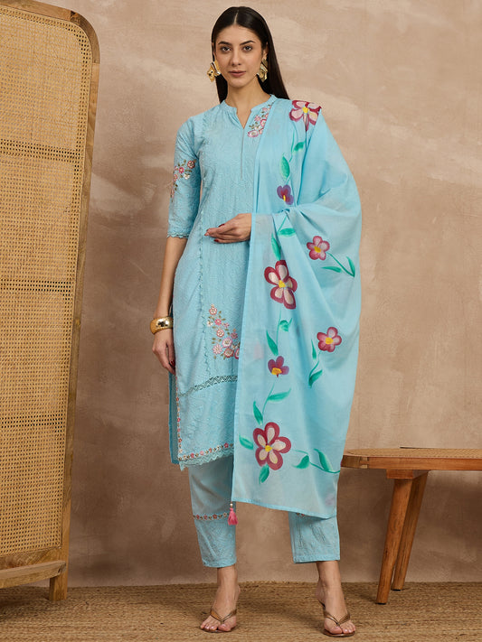 Sky Blue Embroidered Cotton Suit Set with Floral Dupatta