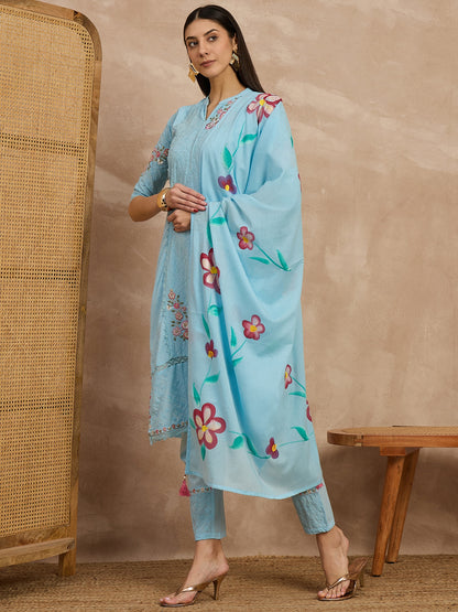 Sky Blue Embroidered Cotton Suit Set with Floral Dupatta