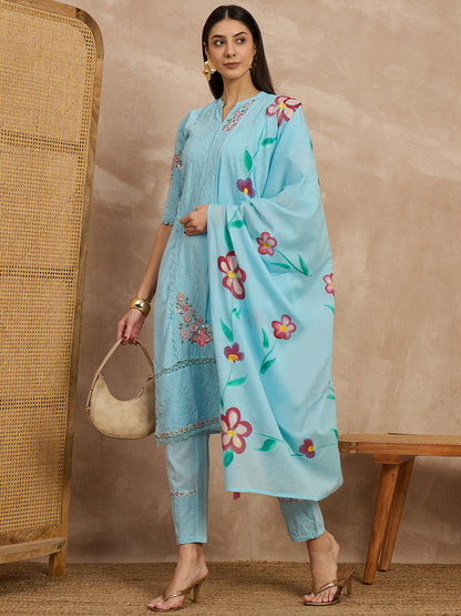 Sky Blue Embroidered Cotton Suit Set with Floral Dupatta