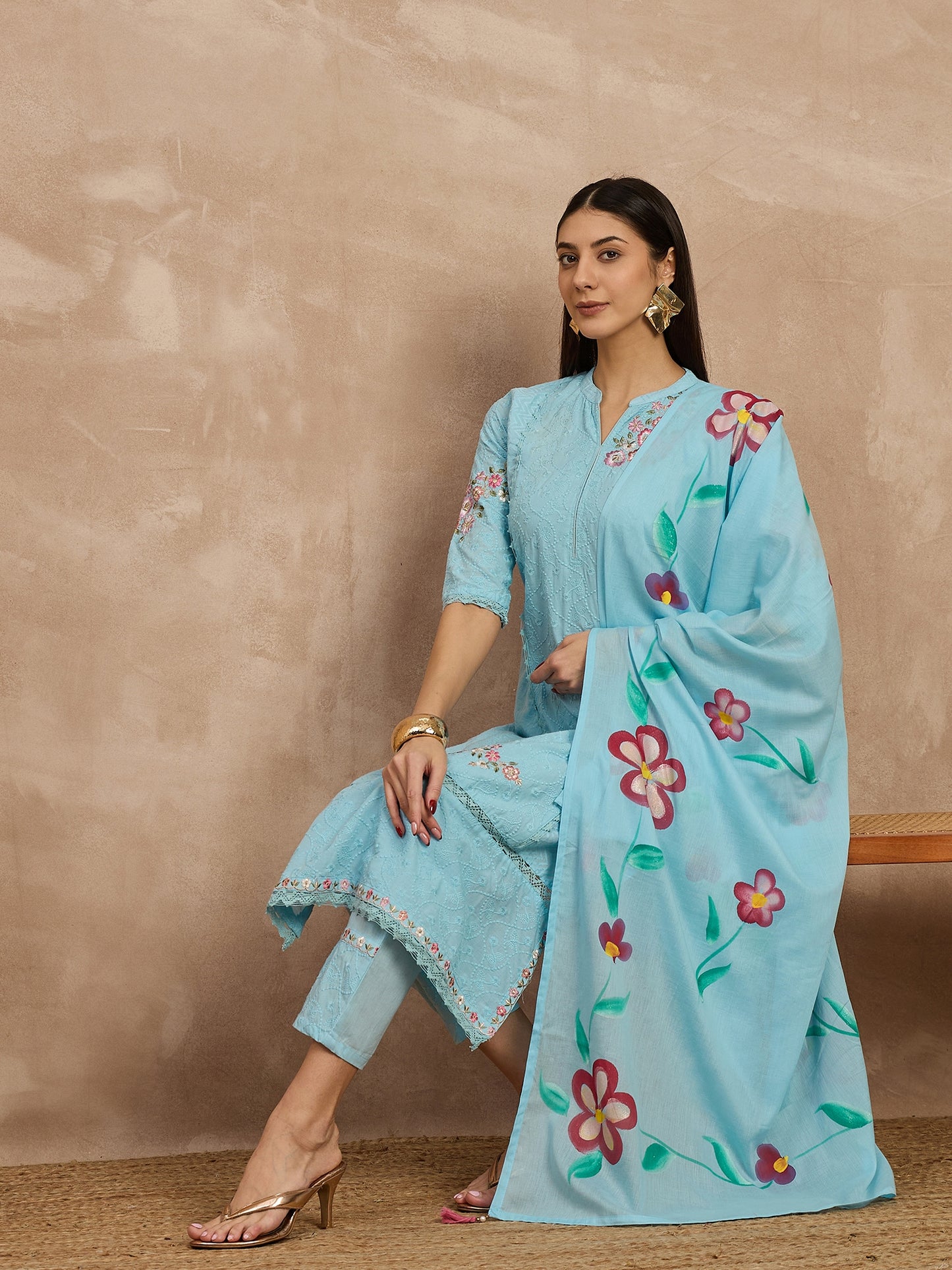 Sky Blue Embroidered Cotton Suit Set with Floral Dupatta