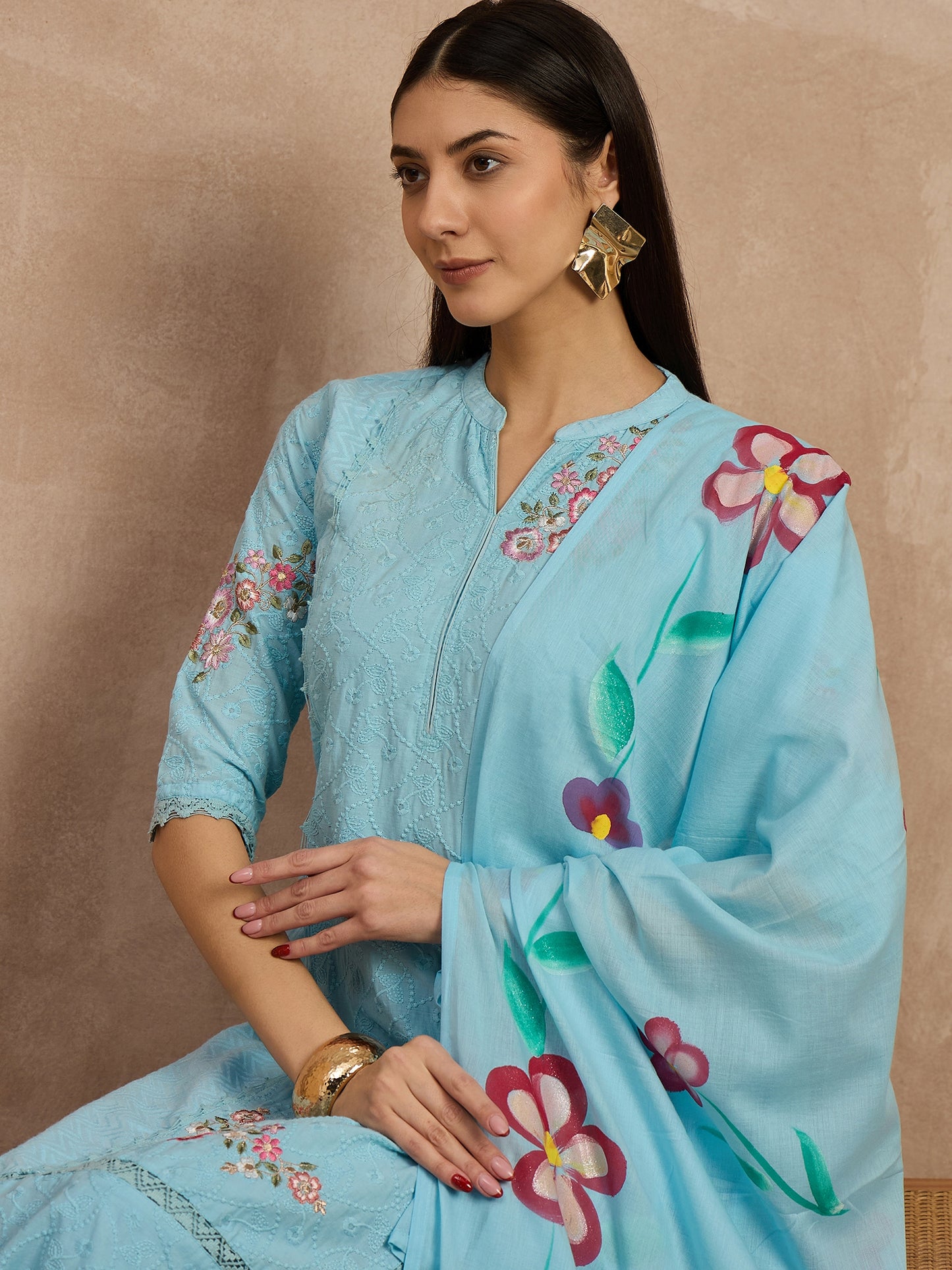 Sky Blue Embroidered Cotton Suit Set with Floral Dupatta