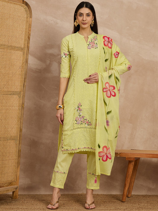 Yellow Embroidered Cotton Suit Set with Floral Dupatta