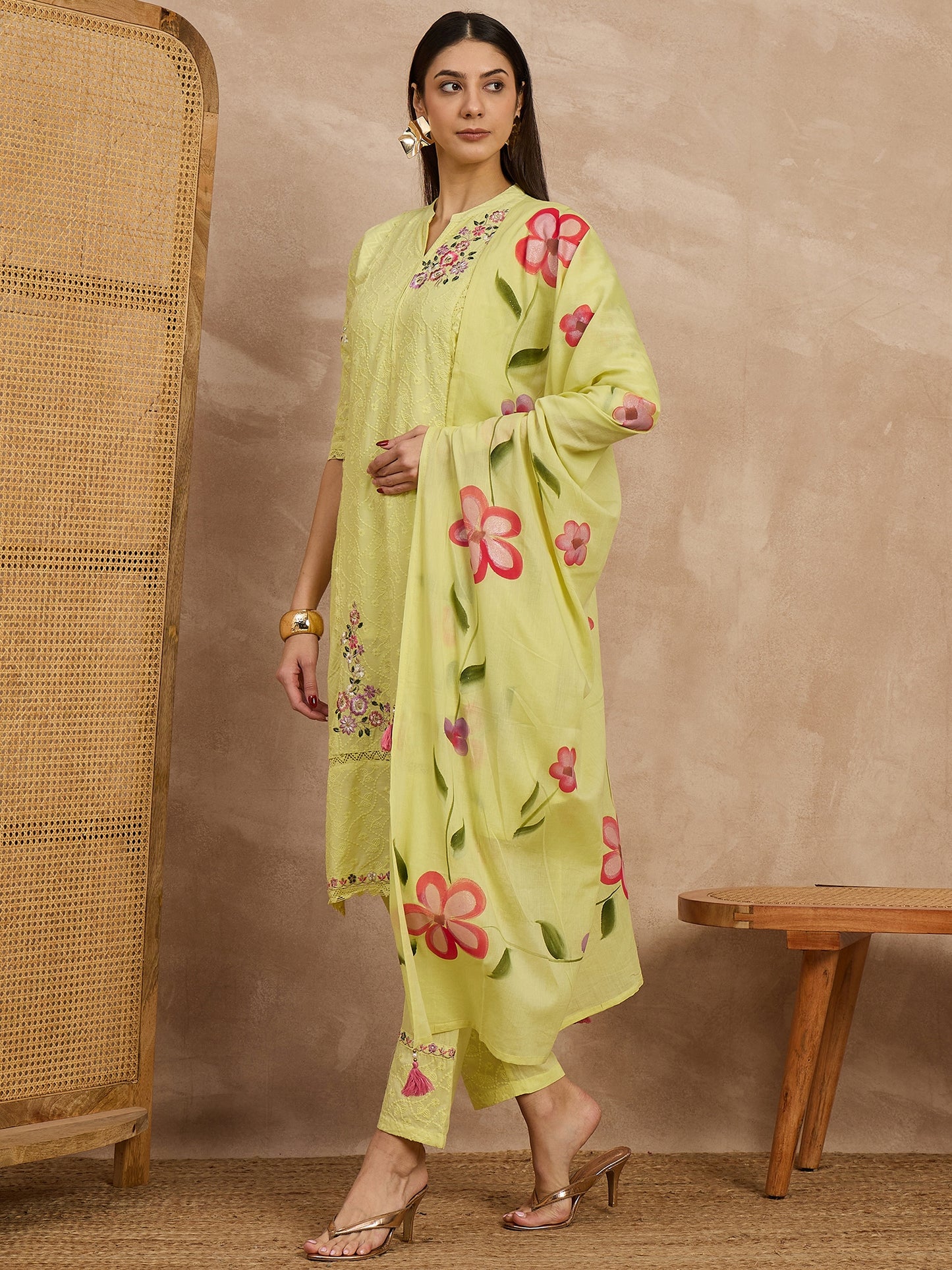Yellow Embroidered Cotton Suit Set with Floral Dupatta