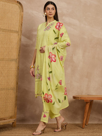 Yellow Embroidered Cotton Suit Set with Floral Dupatta